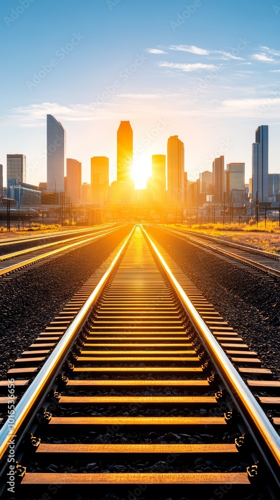Railway tracks leading into a city skyline at sunrise, bright and vibrant scenery. Railway tracks leading into a city skyline at sunrise, bright and vibrant scenery.