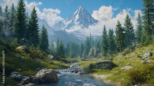 A rugged mountain peak towering over a dense forest, with a small stream flowing below.