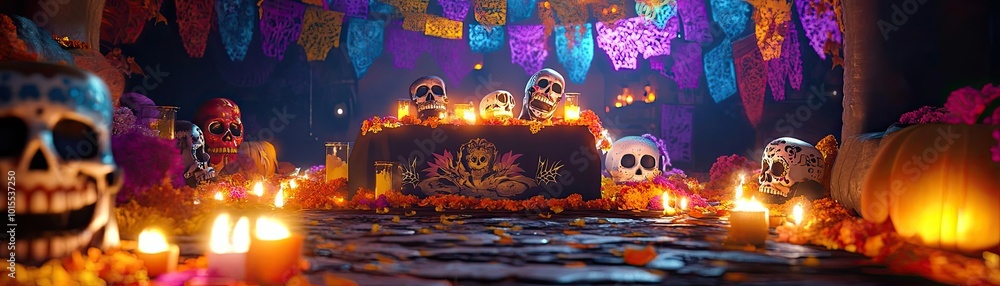 A vibrant Dia de los Muertos scene featuring colorful decorations, candles, and playful skeletons creating a festive atmosphere. A vibrant Dia de los Muertos scene featuring colorful decorations, candles, and playful skeletons creating a festive atmosphere.