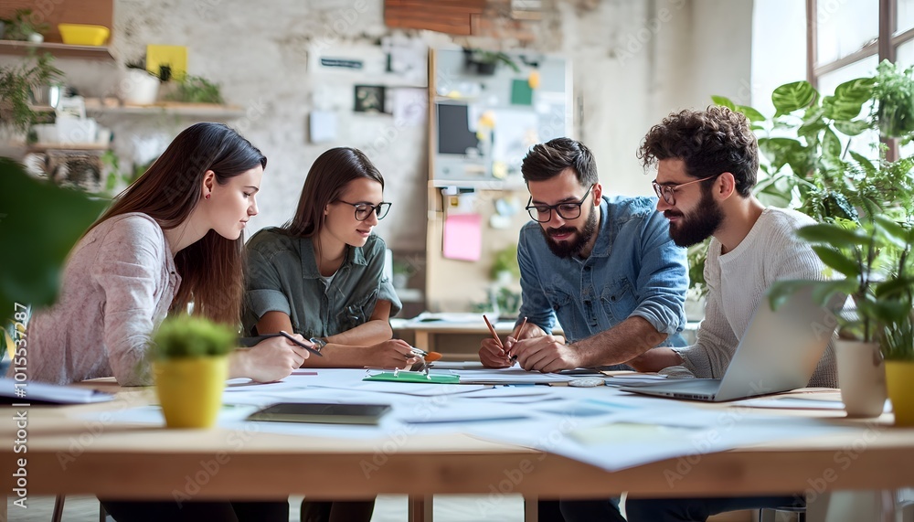 Four Young Adults Collaborating on a Project in a Modern Office Four Young Adults Collaborating on a Project in a Modern Office