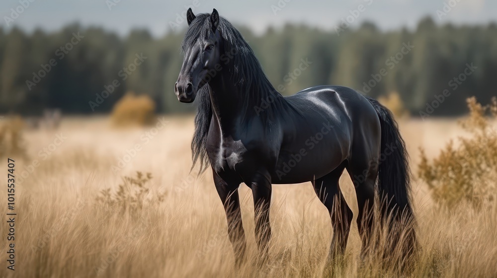 Majestic Black Horse in the Open Field Majestic Black Horse in the Open Field