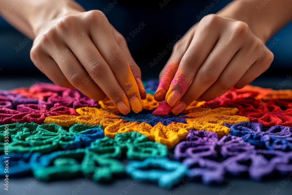 Obraz premium A close-up of hands creating a colorful rangoli pattern with vibrant powders, symbolizing the artistic side of Diwali decorations, showcasing intricate cultural craftsmanship