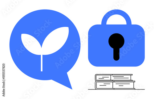 A speech bubble with a plant, a closed lock, and stacked books. Ideal for eco-friendly communication, security, education, growth, and knowledge sharing themes. Simplistic, modern style