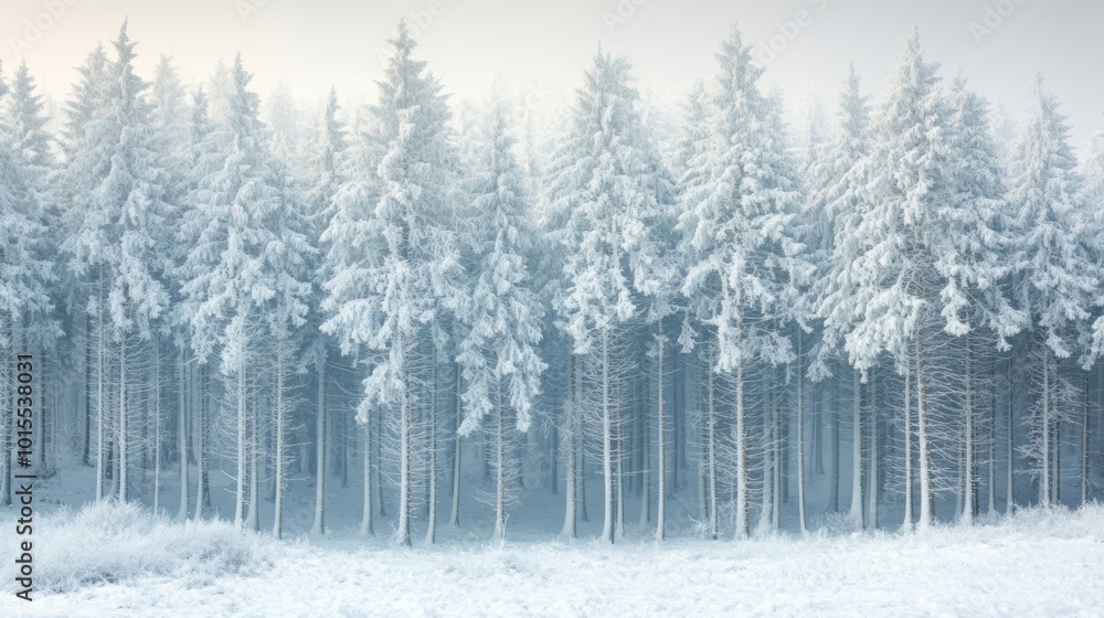 Fototapeta premium Snow-covered pine trees sparkle in the winter sun, creating a breathtaking winter wonderland.
