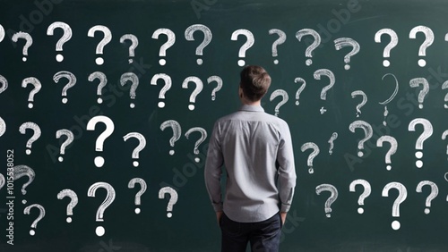 Man standing in front of a chalkboard with question marks.