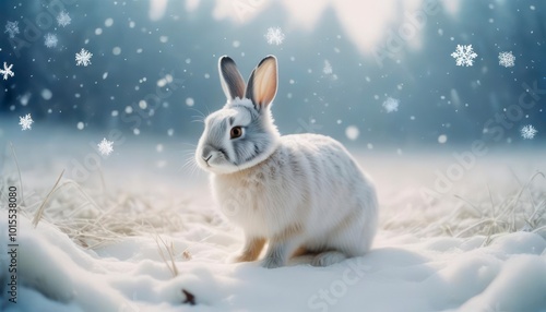 Rabbit and fox photo in snowy winter landscape