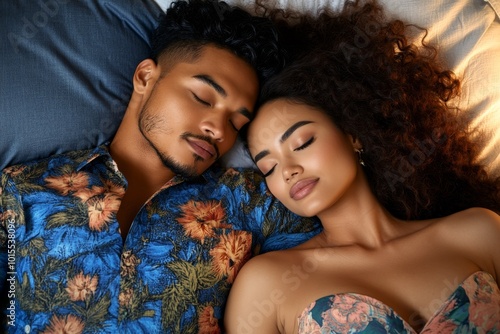 Close-up of a couple sharing a bed, peacefully asleep, with gentle lighting highlighting their restful sleep