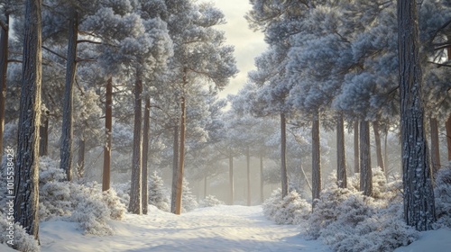Snow-covered pine trees glisten in winter, with beautiful sunlight streaming through the branches.
