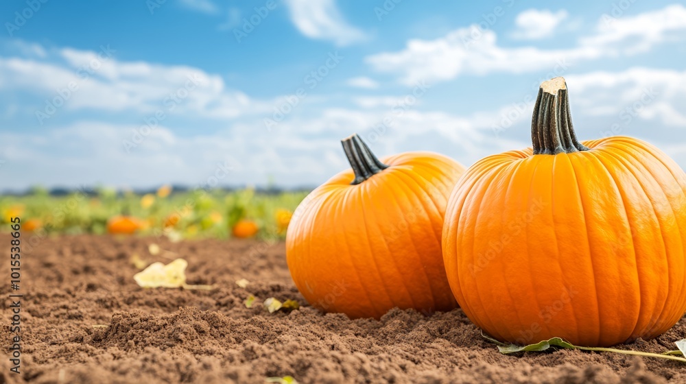 Two vibrant pumpkins on a sunny farm field under a blue sky with scattered clouds. Two vibrant pumpkins on a sunny farm field under a blue sky with scattered clouds.