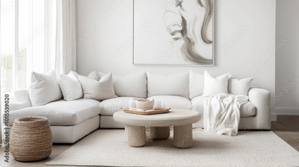 The image shows a living room with a white sectional sofa and a white throw blanket on the right side of the couch. A round coffee table with a unique wood base sits in the center The image shows a living room with a white sectional sofa and a white throw blanket on the right side of the couch. A round coffee table with a unique wood base sits in the center