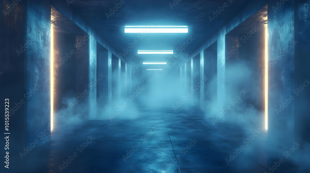 3D Rendering of a Dark Hallway with Fog and Neon Lights 3D Rendering of a Dark Hallway with Fog and Neon Lights