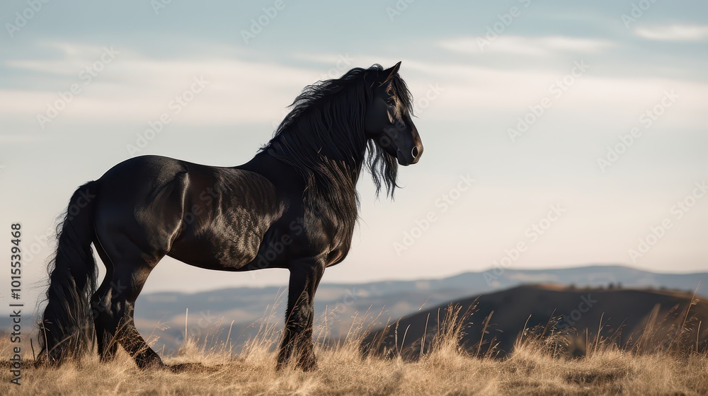 Fototapeta premium Majestic Black Horse in Sunlit Autumn Meadow