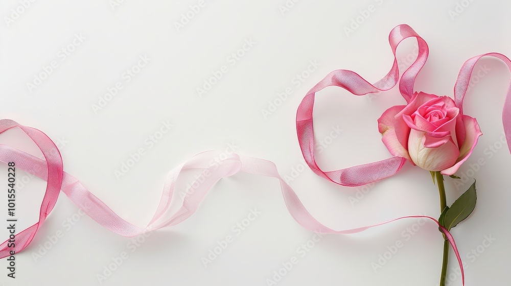 Elegant pink rose with ribbon on white background for romantic and floral themes Elegant pink rose with ribbon on white background for romantic and floral themes