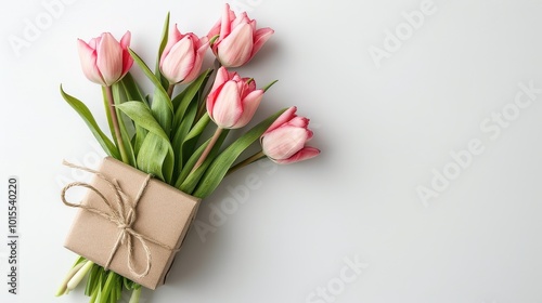 Wallpaper Mural Pink tulip bouquet with gift box on minimalist white background - perfect for spring and celebrations Torontodigital.ca