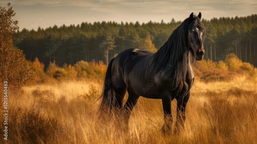 Obraz premium Majestic Black Horse in Sunlit Autumn Meadow