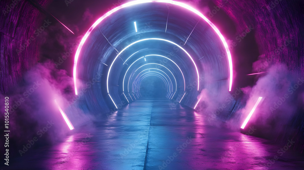 Abstract Neon Tunnel with Smoke and Glowing Lights - 3D Illustration Abstract Neon Tunnel with Smoke and Glowing Lights - 3D Illustration