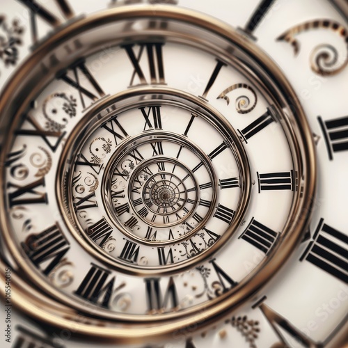 Infinite spiral of roman numerals on an antique clock face symbolizing timelessness photo