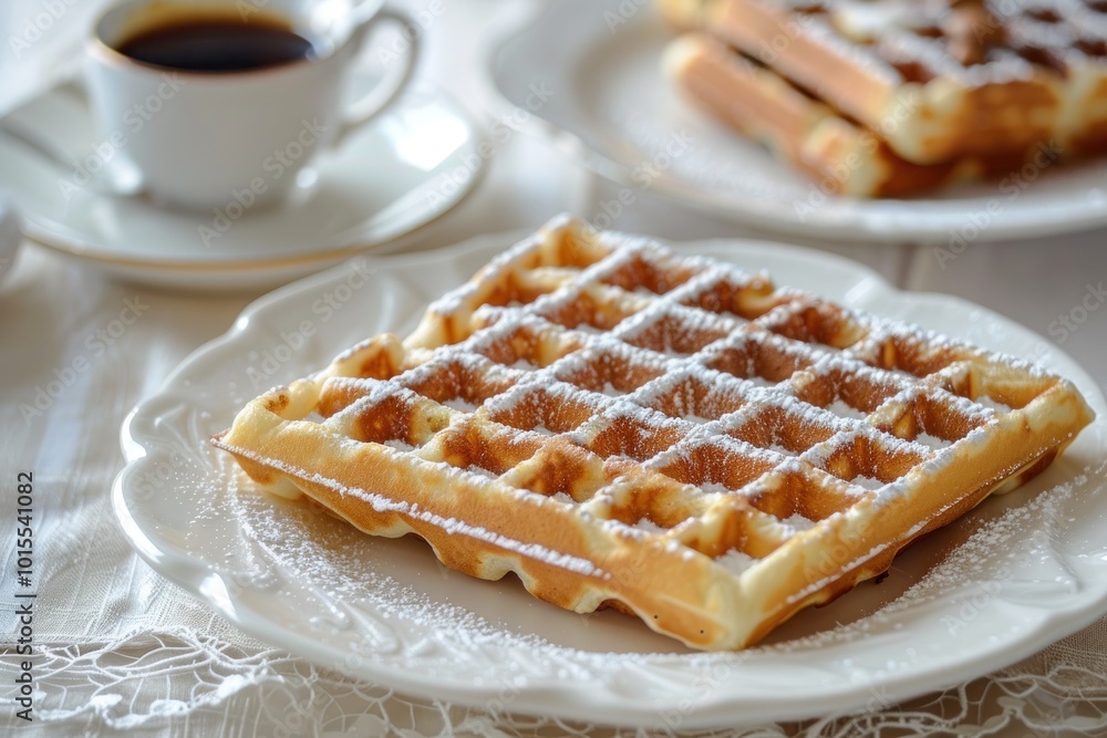 Delicious Viennese Waffles on Elegant White Plate Dusted with Powdered Sugar and Coffee in Background Breakfast Concept Delicious Viennese Waffles on Elegant White Plate Dusted with Powdered Sugar and Coffee in Background Breakfast Concept