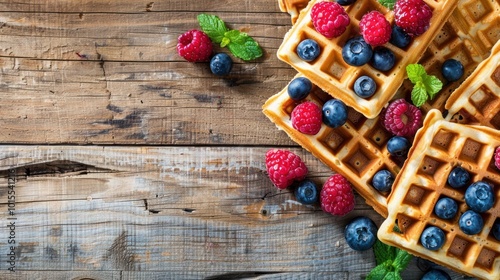 Viennese waffles topped with fresh berries on rustic wood background, copy space, banner style presentation, breakfast concept photo