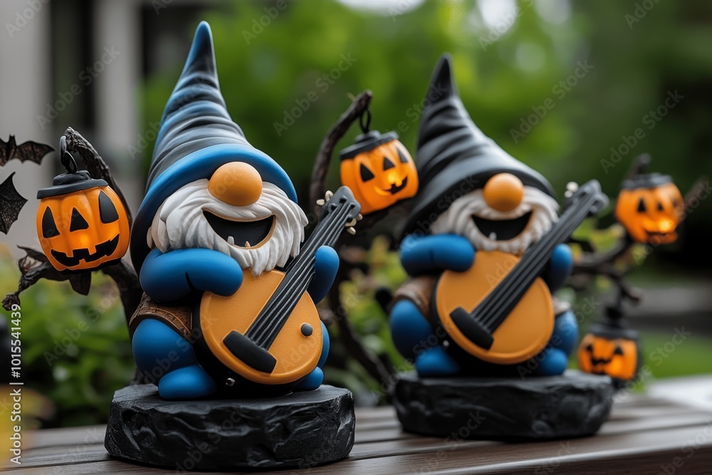 Gnome musicians playing spooky tunes at a Halloween festival, with bats and lanterns decorating the trees, representing the gnome interpretation of Halloween music and fun Gnome musicians playing spooky tunes at a Halloween festival, with bats and lanterns decorating the trees, representing the gnome interpretation of Halloween music and fun