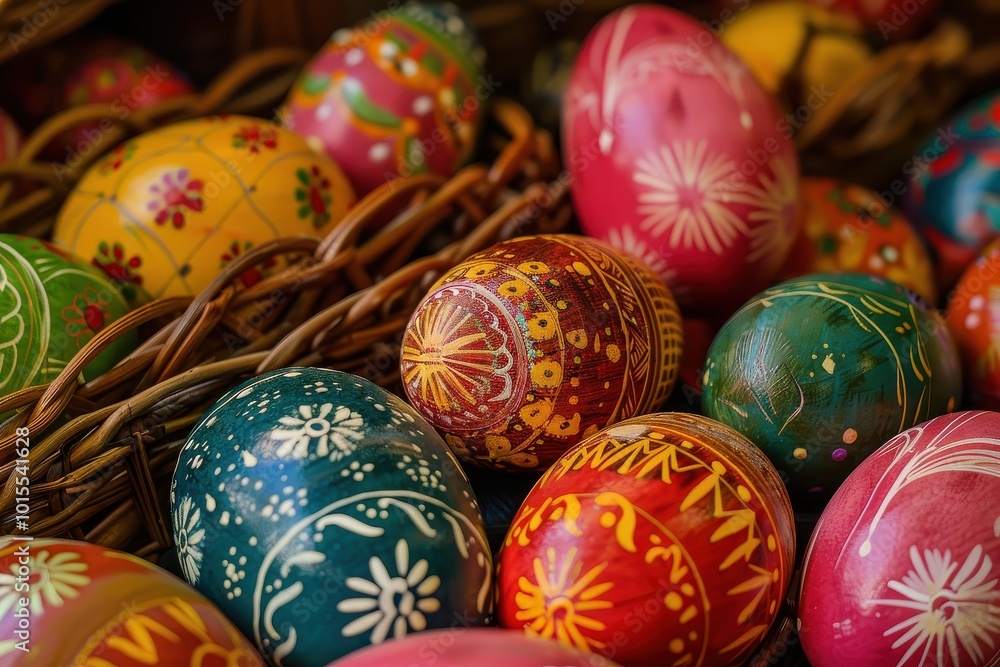 Vibrant hand-painted easter eggs in wicker baskets Vibrant hand-painted easter eggs in wicker baskets