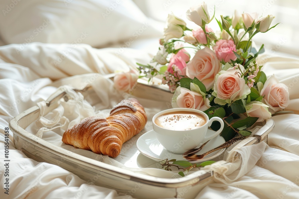 Morning elegance: croissant and coffee with roses on a cozy bed Morning elegance: croissant and coffee with roses on a cozy bed