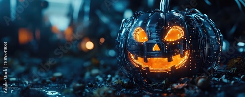 Wallpaper Mural A glowing, carved pumpkin set against a dark, eerie background, capturing the spirit of Halloween with its vibrant orange light. Torontodigital.ca