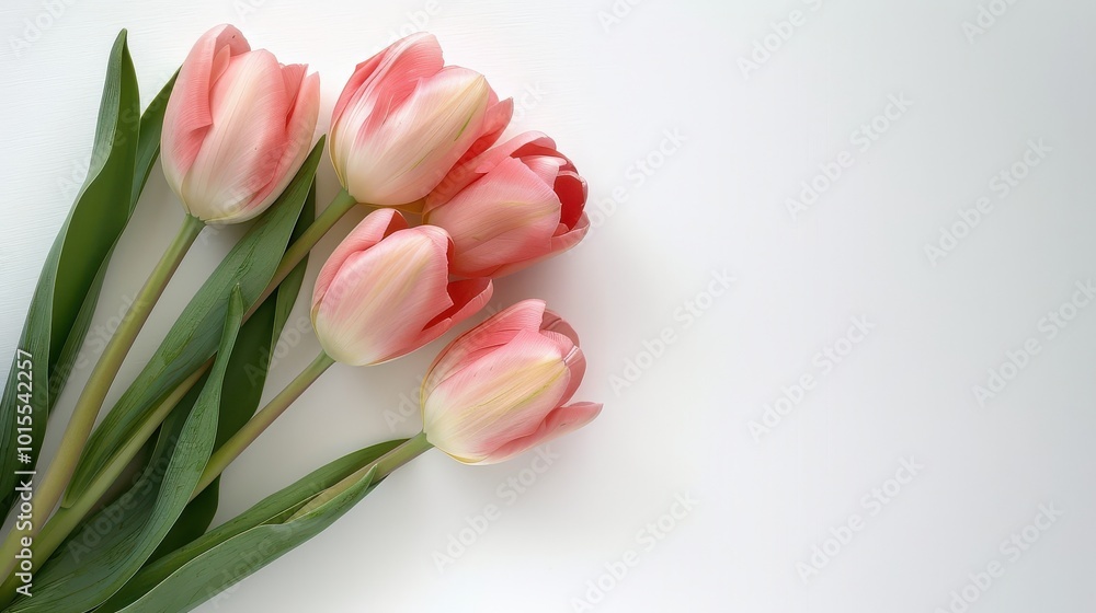 Fototapeta premium Elegant pink tulips on minimalist white background for spring decor