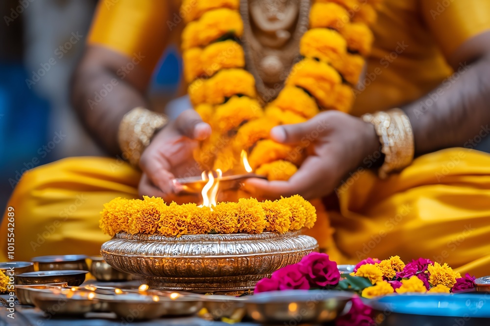 Close-up of a priest performing Dussehra rituals, with sacred fires, flowers, and offerings placed in front of a deity Close-up of a priest performing Dussehra rituals, with sacred fires, flowers, and offerings placed in front of a deity