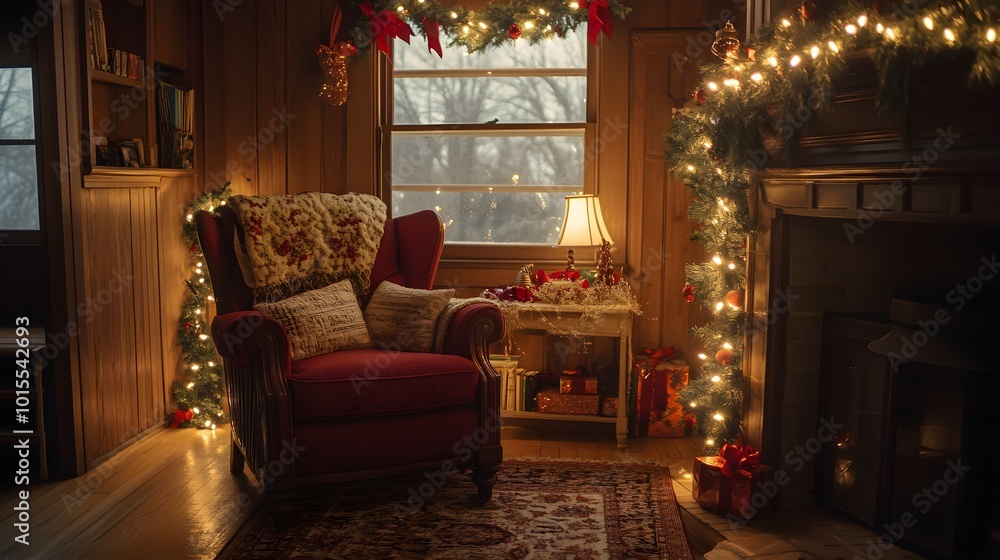 A charming corner featuring a comfy chair, festive garland, and glowing string lights, perfect for unwinding with a good book during the holiday season. A charming corner featuring a comfy chair, festive garland, and glowing string lights, perfect for unwinding with a good book during the holiday season.