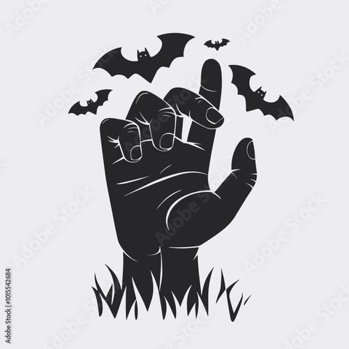 A black silhouette of a hand reaching from the grass with bats flying around it.