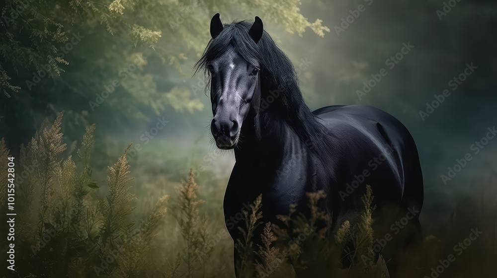 Majestic Black Horse in the Open Field Majestic Black Horse in the Open Field