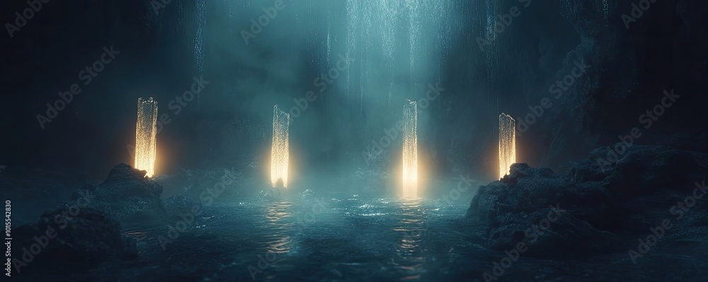 Fototapeta premium Mysterious glowing lights illuminate a serene underground cavern, creating an enchanting atmosphere of tranquility and wonder.