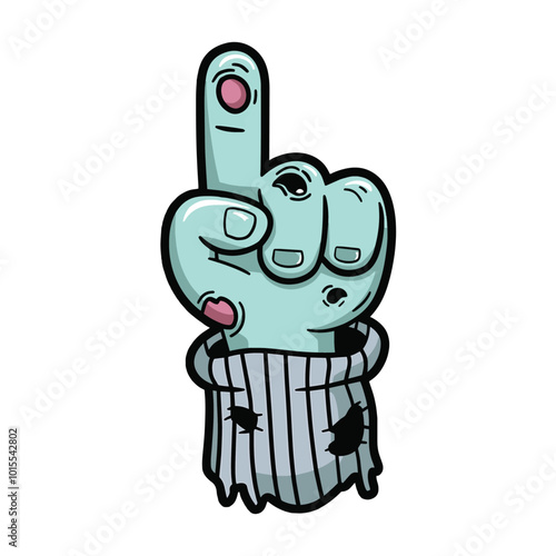 A cartoon illustration of a zombie hand with one finger pointing upwards against a white background.