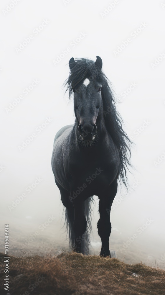 Majestic Black Horse Standing Alone on Misty Terrain Majestic Black Horse Standing Alone on Misty Terrain