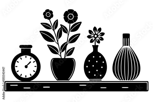  clocks and vases silhouette minimalistic vector art illustration  photo