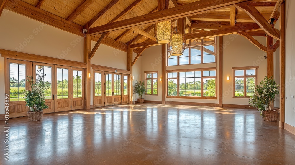 Spacious interior with large windows and wooden beams, natural light flooding the room. Spacious interior with large windows and wooden beams, natural light flooding the room.