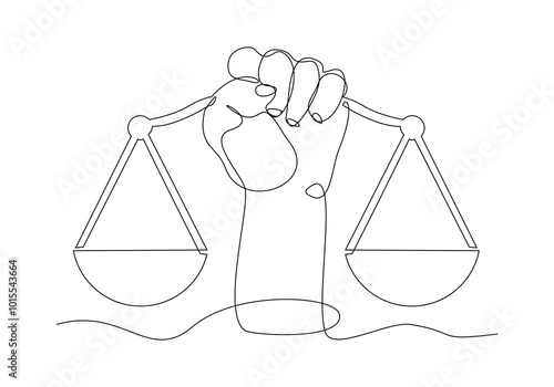Continuous single line sketch drawing of hand holding gavel law balance and scale of justice equilibrium equality judgment. Libra icon one line vector illustration
