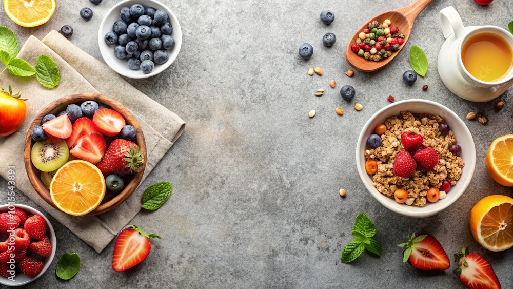 A Vibrant Spread of Fresh Fruit, Granola, and Citrus for a Delicious and Healthy Breakfast A Vibrant Spread of Fresh Fruit, Granola, and Citrus for a Delicious and Healthy Breakfast