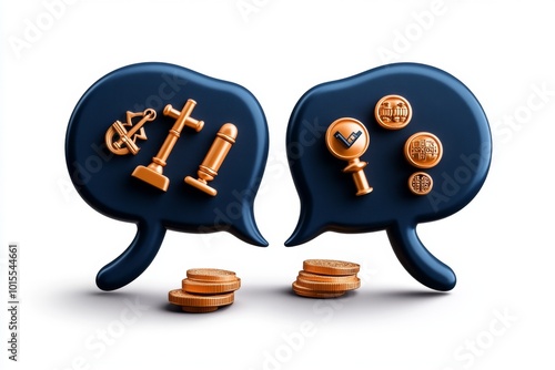 Minimalist icon of two speech bubbles with contrasting moral symbols, representing the ongoing conversation and debate in moral relativism photo