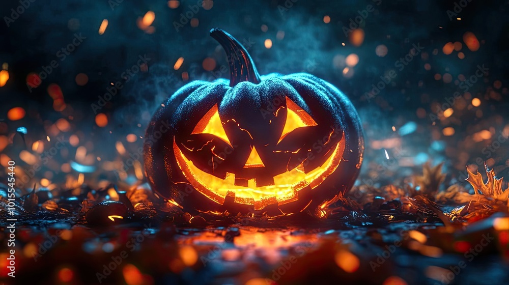 A glowing jack-o'-lantern sits amidst sparkling autumn leaves, embodying the enchanting spirit of Halloween night. A glowing jack-o'-lantern sits amidst sparkling autumn leaves, embodying the enchanting spirit of Halloween night.