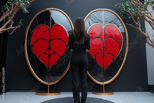 Person standing in front of two mirrors showing different ethical perspectives, symbolizing the duality and conflict in moral relativism photo