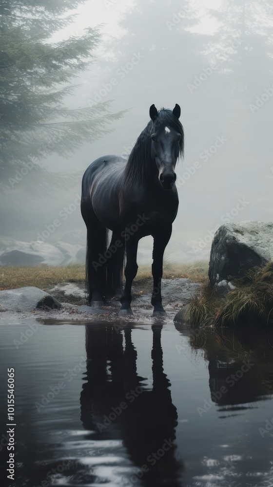 Obraz premium Majestic Black Horse Standing Alone on Misty Terrain
