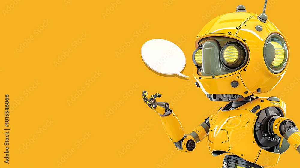 futuristic robotics, adorable yellow robot with speech bubble futuristic communication tags cute, friendly, ai assistant, tech innovation, digital illustraion, smart futuristic robotics, adorable yellow robot with speech bubble futuristic communication tags cute, friendly, ai assistant, tech innovation, digital illustraion, smart