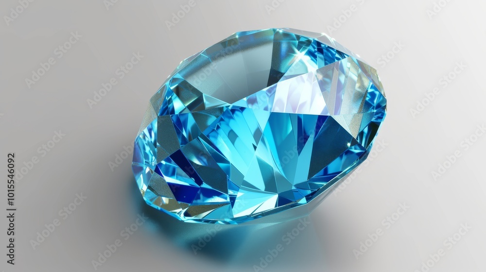 A large, beautifully faceted blue gemstone resting on a white surface. Its multifaceted cuts and reflective light patterns highlight the gem