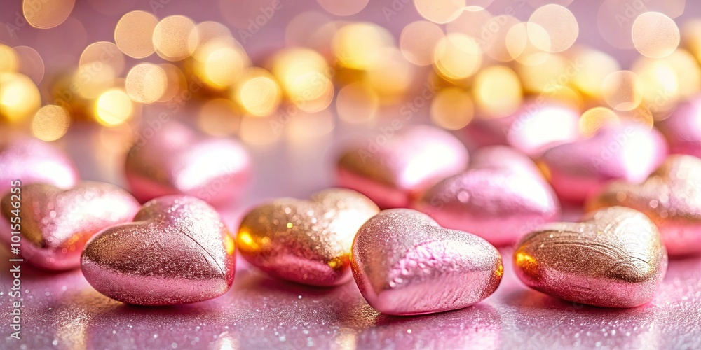 Sparkling Pink Hearts Scattered on a Shimmering Background Sparkling Pink Hearts Scattered on a Shimmering Background