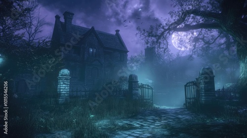 A mysterious and eerie moonlit landscape featuring an old mansion surrounded by fog and gothic architecture.