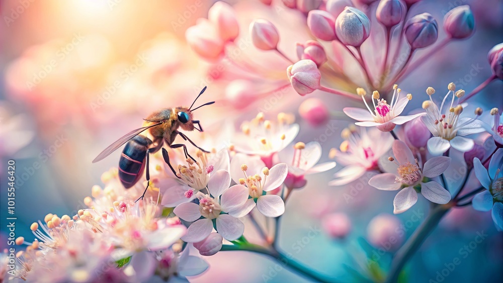 A single bee perches on a delicate bloom, bathed in warm sunlight, amidst a sea of pastel pink blossoms. A single bee perches on a delicate bloom, bathed in warm sunlight, amidst a sea of pastel pink blossoms.