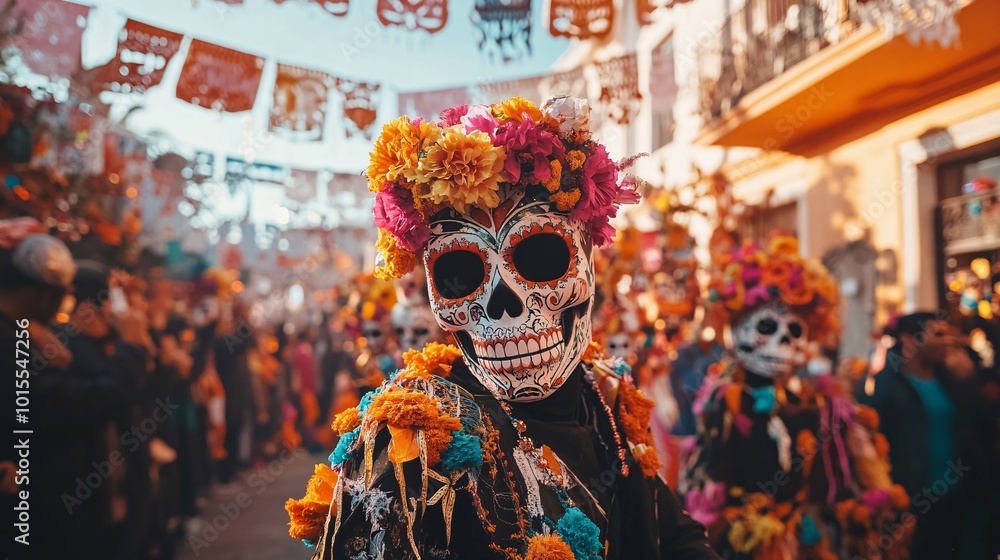 Dancer in Dia de los Muertos Street Parade at Sunset Dancer in Dia de los Muertos Street Parade at Sunset