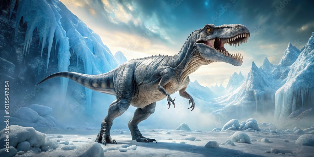 Fototapeta premium Frozen dinosaur ice age with glacial ice reflected in the background